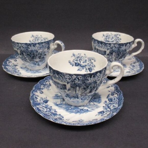 3 - Johnson Brothers England COACHING SCENES Blue Tea n Coffee Cups and Saucers - Picture 2 of 4